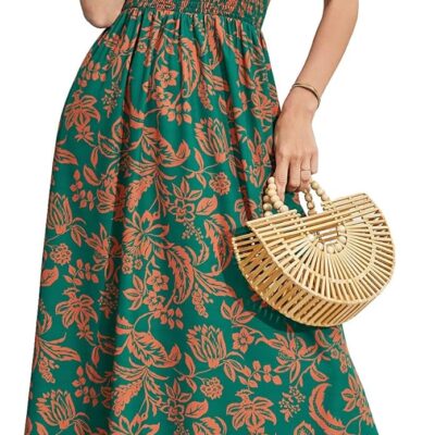 MakeMeChic Women's Floral Print Shirred Cami Dress Spaghetti Strap Sleeveless High Waist Flare Long Dress