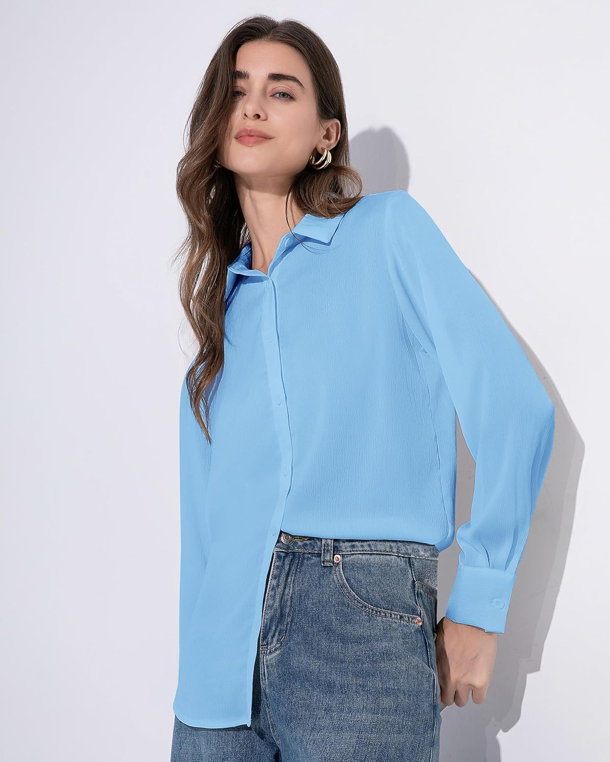 Women's Button Down Shirt Textured Chiffon Blouse Classic Collared Top Casual Work Office Blouse - Image 4