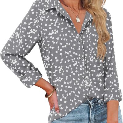 HOTOUCH Womens Button Down Shirts Long Sleeve Dress Shirts Casual V Neck Collared Tops Work Office Blouse with Pocket