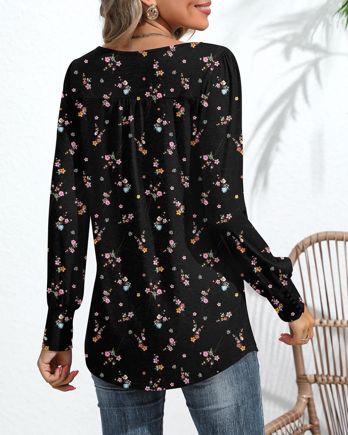 Ficerd Women's Puff Long Sleeve Tunic Tops Pleated Crew Neck Blouses Dressy Casual Loose Fit Winter and Spring Shirts - Image 2