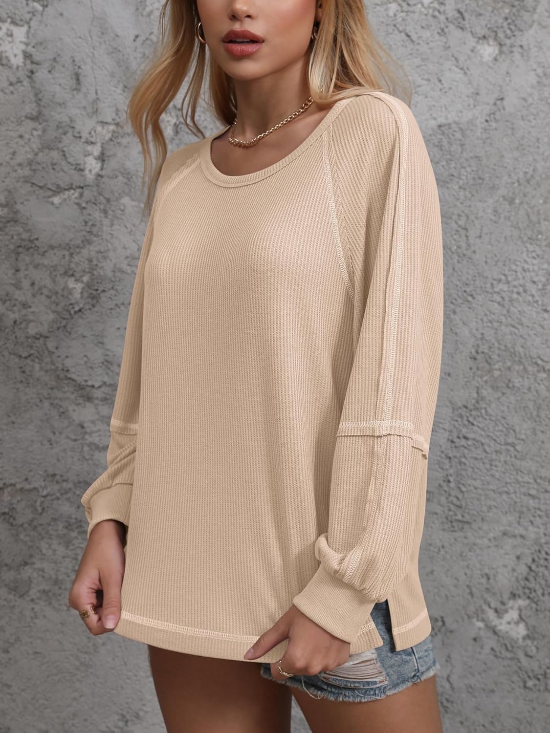Womens Waffle Tunic Tops Puff Long Sleeve Shirt Loose Fit Casual Pullover Sweatshirt - Image 4