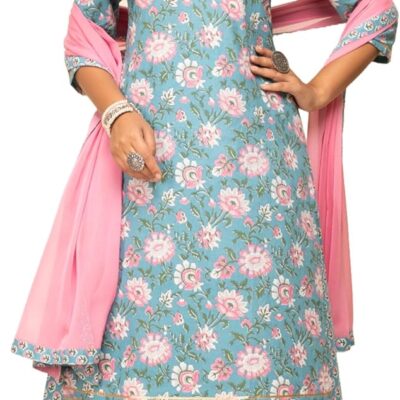 Women's Sky Blue Cotton Straight Kurta with Palazzo And Dupatta