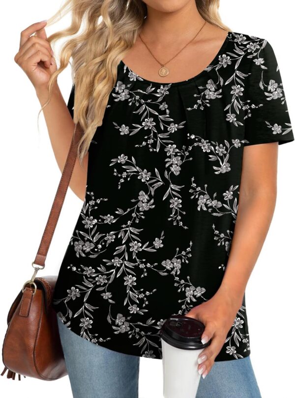 Zeagoo Women's Summer Tunic Tops Short Sleeve Floral Boho Casual T Shirts Pleated Crewneck Flowy Relax Fit Soft Blouses