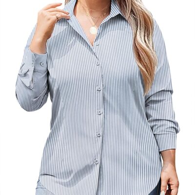IN'VOLAND Women's Plus Size Button Down Shirts Long Sleeve Collared Casual Shirt Office Work Blouse Tops