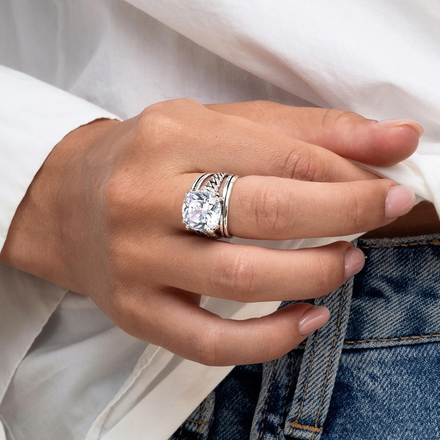 JEAN RACHEL JEWELRY 925 Sterling Silver Statement Ring with Cushion Shaped Cubic Zirconia - Curb Chain Vintage Design - Hypoallergenic Nickel & Lead-free - Artisan Handcrafted Designer Collection - Image 2