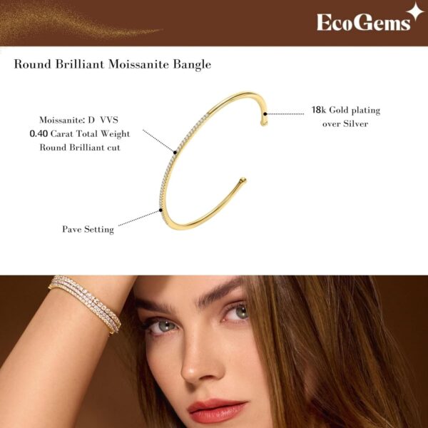 14K White/Yellow Gold Plated Silver Bangle Bracelet With 0.40 TCW Lab Grown Diamond/Moissanite (D-E Color, Round Brilliant Shape, VS Clarity) Bracelet For Women, Gift For Her Jewelry For Women - Image 3