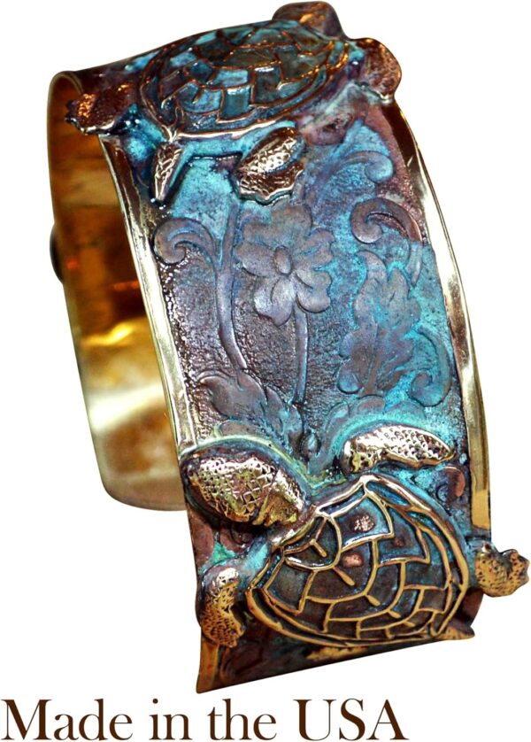 Verdigris Patina Solid Brass Classic Sea Turtle Cuff Bracelet by Elaine Coyne Made In USA - Image 2