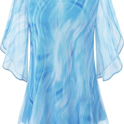 SeSe Code Womens Ruffle 3/4 Sleeve Mesh Blouses Loose Flowy Tops Stretchy Shirts