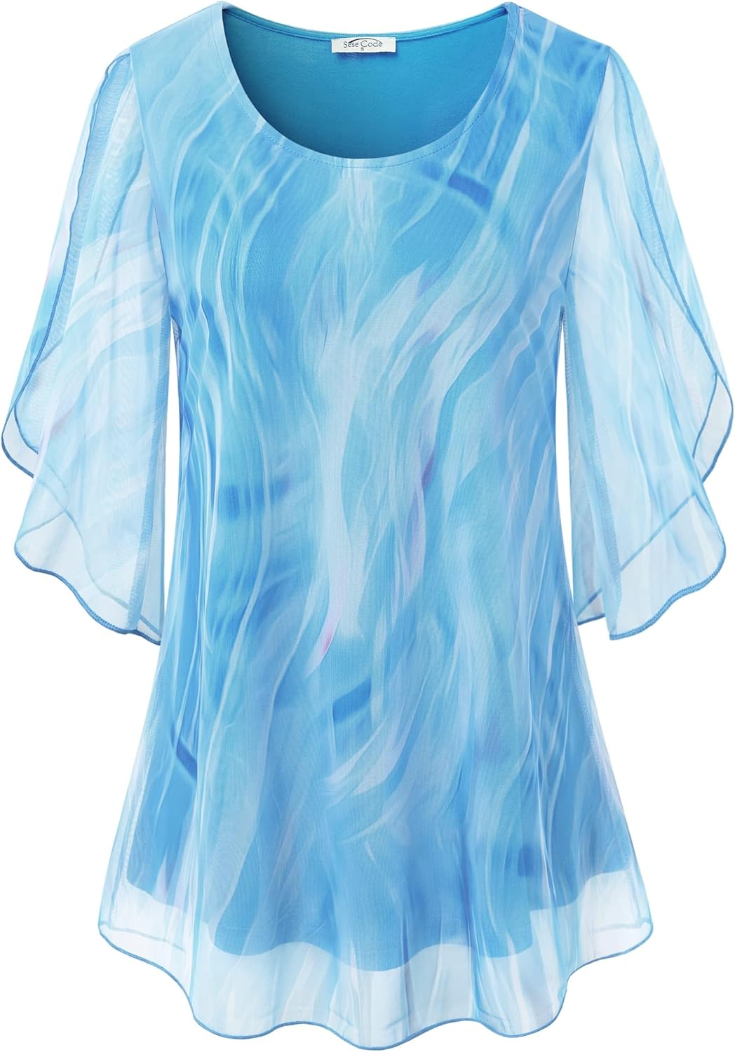 SeSe Code Womens Ruffle 3/4 Sleeve Mesh Blouses Loose Flowy Tops Stretchy Shirts