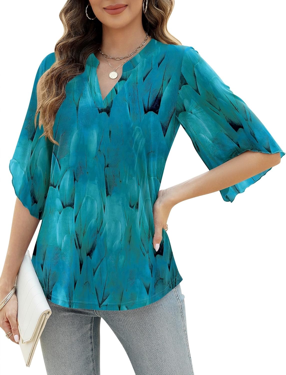 LUYAA Women's 3/4 Sleeve Blouses Tops V Neck Casual Dressy Double Layers Mesh Loose Fit Tunic Shirts