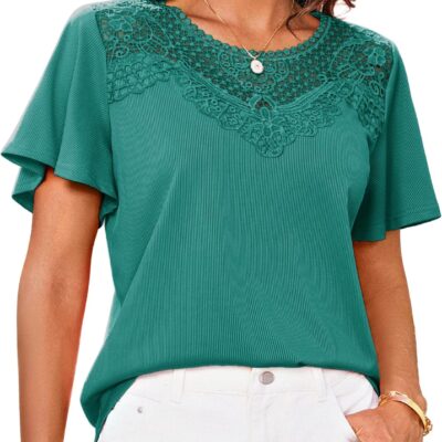 GRACE KARIN Womens Summer Tops Ruffle Sleeve 2025 Trendy Lace Floral Crew Neck Ribbed T Shirts Dressy Casual Blouses