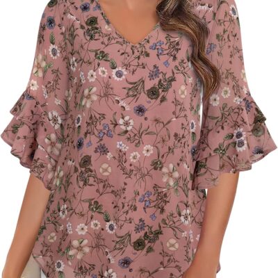 VALOLIA Womens Blouses 3/4 Sleeve Dressy Tops Business Casual Double Layers Shirts