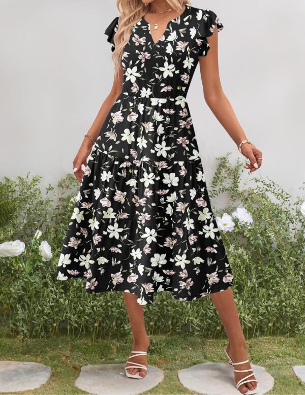 Zeagoo Womens Summer Casual Dresses Ruffle Sleeve V Neck Midi Dress Flowy Tiered Dress with Pockets Boho Sundresses - Image 3