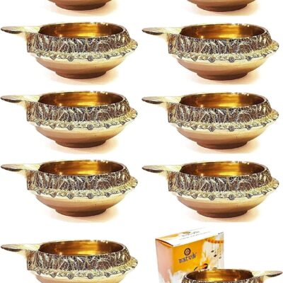Satvik Pack of 10 Handcrafted Virgin Brass Kullam Kuber Diya for Pooja Diwali Decoration Oil lamp Kuber Deepak Deepam for Pujan Indian Housewarming Return Gift Items