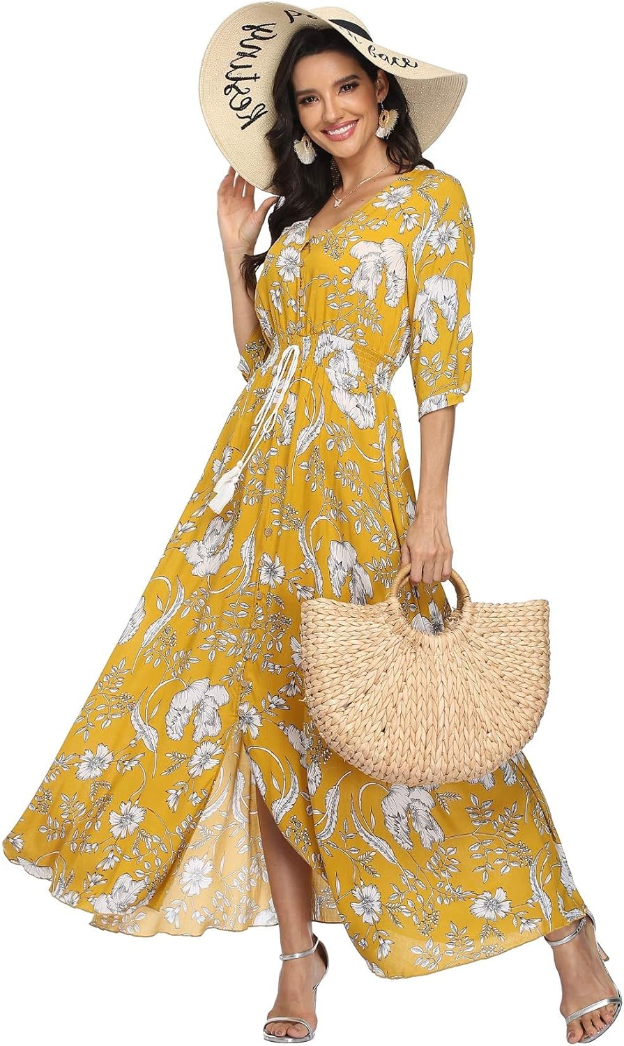 VintageClothing Women's Floral Maxi Dresses with Sleeves Flowy Boho Beach Dress - Image 4