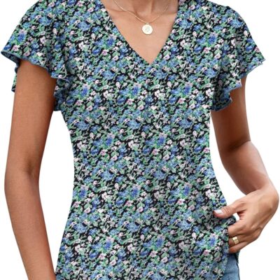 LOMON Womens Tops Dressy Casual Summer Flutter Sleeve T-Shirts Trendy Ruffle Short Sleeve Loose V-Neck Tunic Tops
