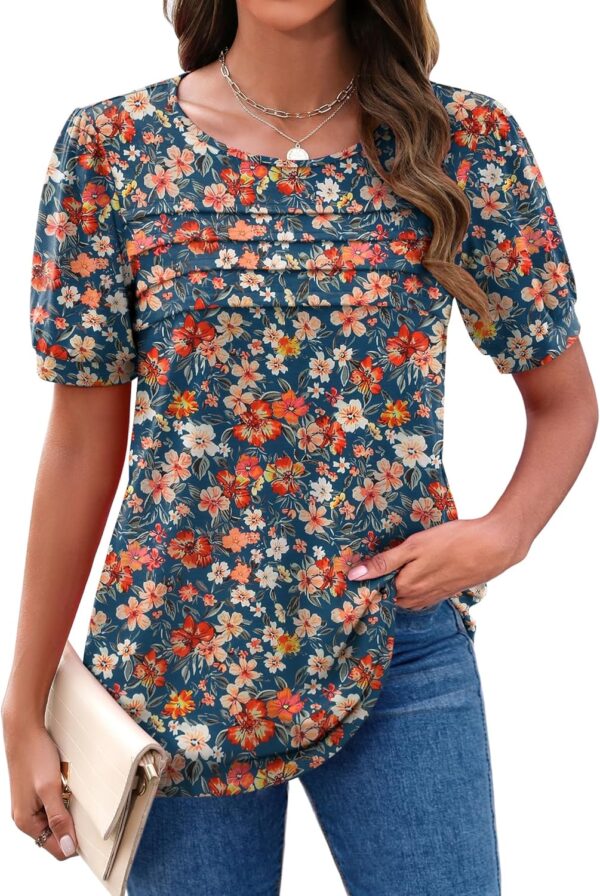 Zeagoo Womens Short Sleeve Tops Floral Boho Shirts Pleated Crewneck Summer Outfit Puff Sleeve Blouses Casual Tunic
