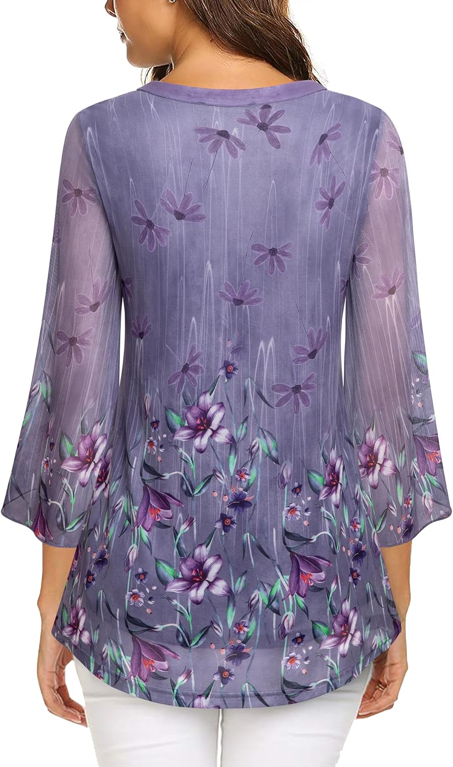 VALOLIA Women's 3/4 Sleeve Floral Tunic Tops V Neck Double Layers Loose Fit Mesh Blouses Shirt - Image 4