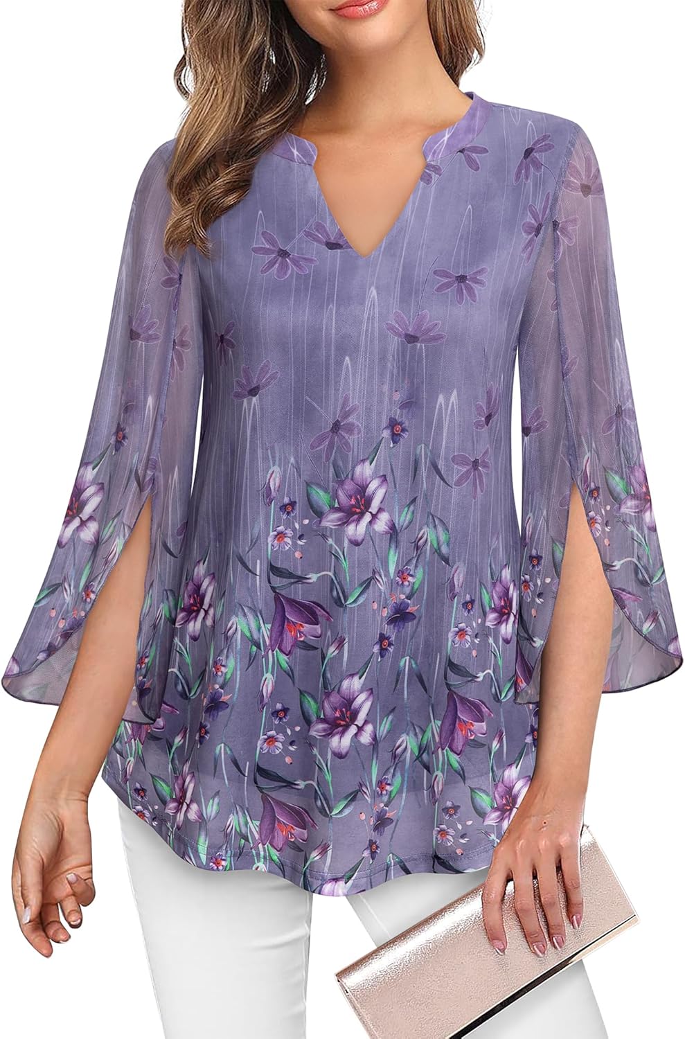 VALOLIA Women's 3/4 Sleeve Floral Tunic Tops V Neck Double Layers Loose Fit Mesh Blouses Shirt - Image 3