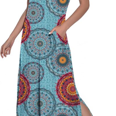 PrinStory Womens Long Nightgown Short Sleeve Nightshirt V-Neck Soft Loungewear Casual Sleepwear With Pockets