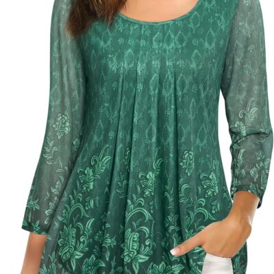 VALOLIA Women's 3/4 Sleeve Tunic Tops Casual Loose Fit Floral Blouses Mesh Pleated Layered Shirt