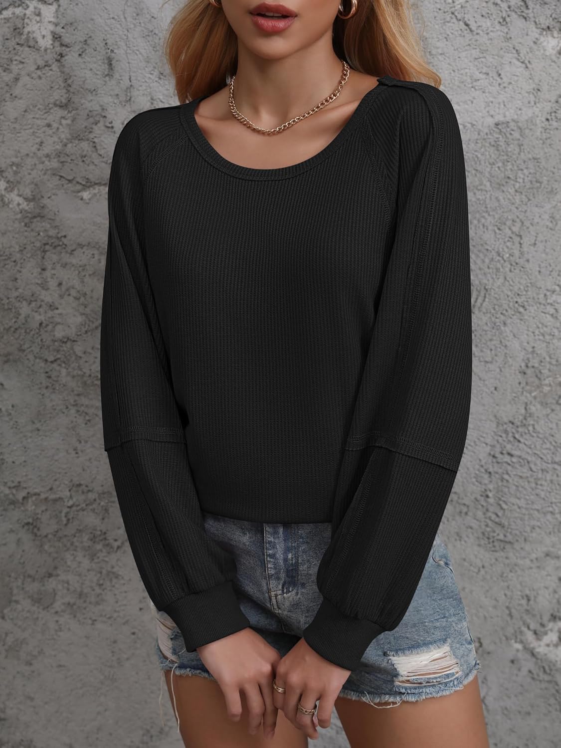 Womens Waffle Tunic Tops Puff Long Sleeve Shirt Loose Fit Casual Pullover Sweatshirt - Image 3