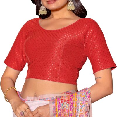 Women's Round Neck Cotton Dobby Lycra Elbow Sleeve Readymade Saree Blouse