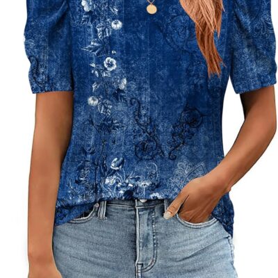 Zeagoo Blouse for Women Dressy Casual Puff Short Sleeve Boho Tops Fashion Floral Crew Neck Tunic Shirts Summer Clothes