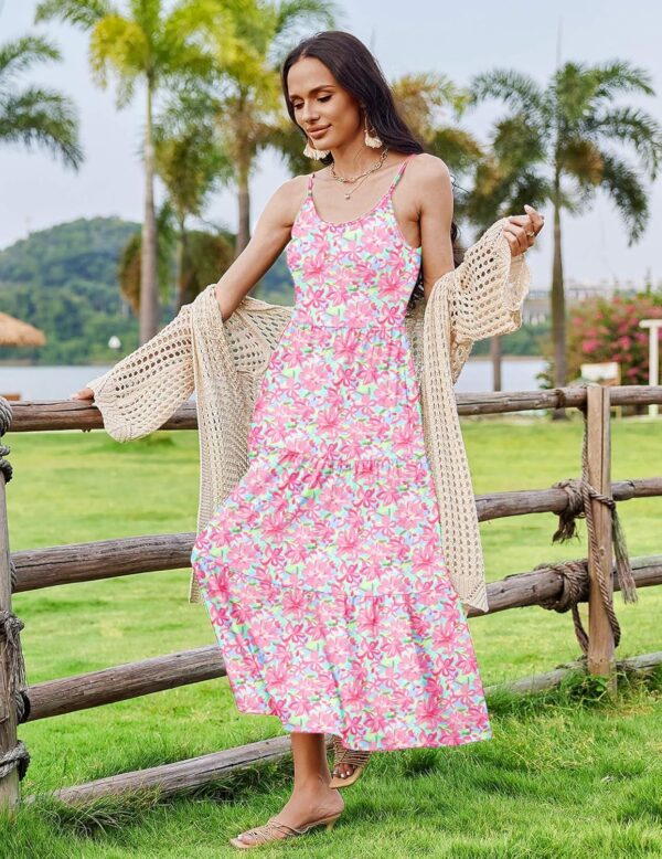 Zeagoo Womens Summer Long Dress Adjustable Spaghetti Strap Floral Casual Dress with Pockets Flowy Tiered Beach Sundress - Image 3