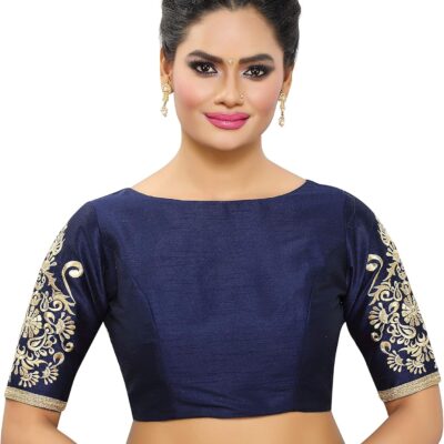 Women's Poly Raw Silk Readymade Saree Blouse with Embroidered Half Sleeves