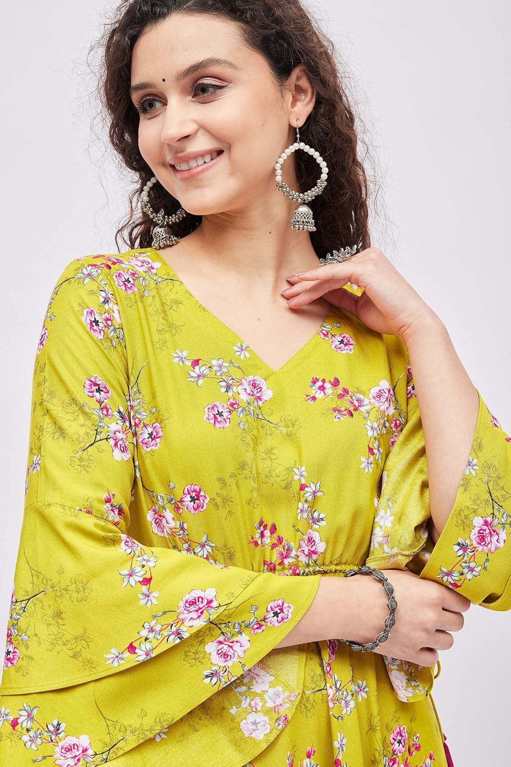 Tissu Women's Rayon Green & Rani Floral Printed Tie-up Kurta - Image 6