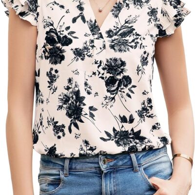 Sucolan Women's Summer Tops Dressy Casual Notch V Neck Ruffle Short Sleeve Flowy Shirts Cute Blouses Tops
