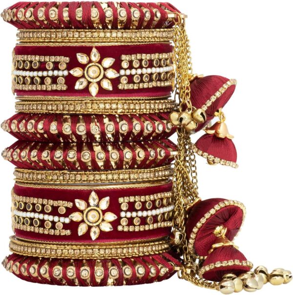 Aheli Wedding Party Designer Velvet Faux Stone Studded Bridal Bangle Set Chuda with Hangings Indian Traditional Ethnic Fashion Jewelry Gift for Women - Image 6