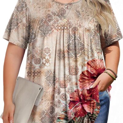 IN'VOLAND Womens Plus Size Tops Short Sleeve Tunic Crew Neck Shirts Summer Casual Loose Blouse 1X-5X