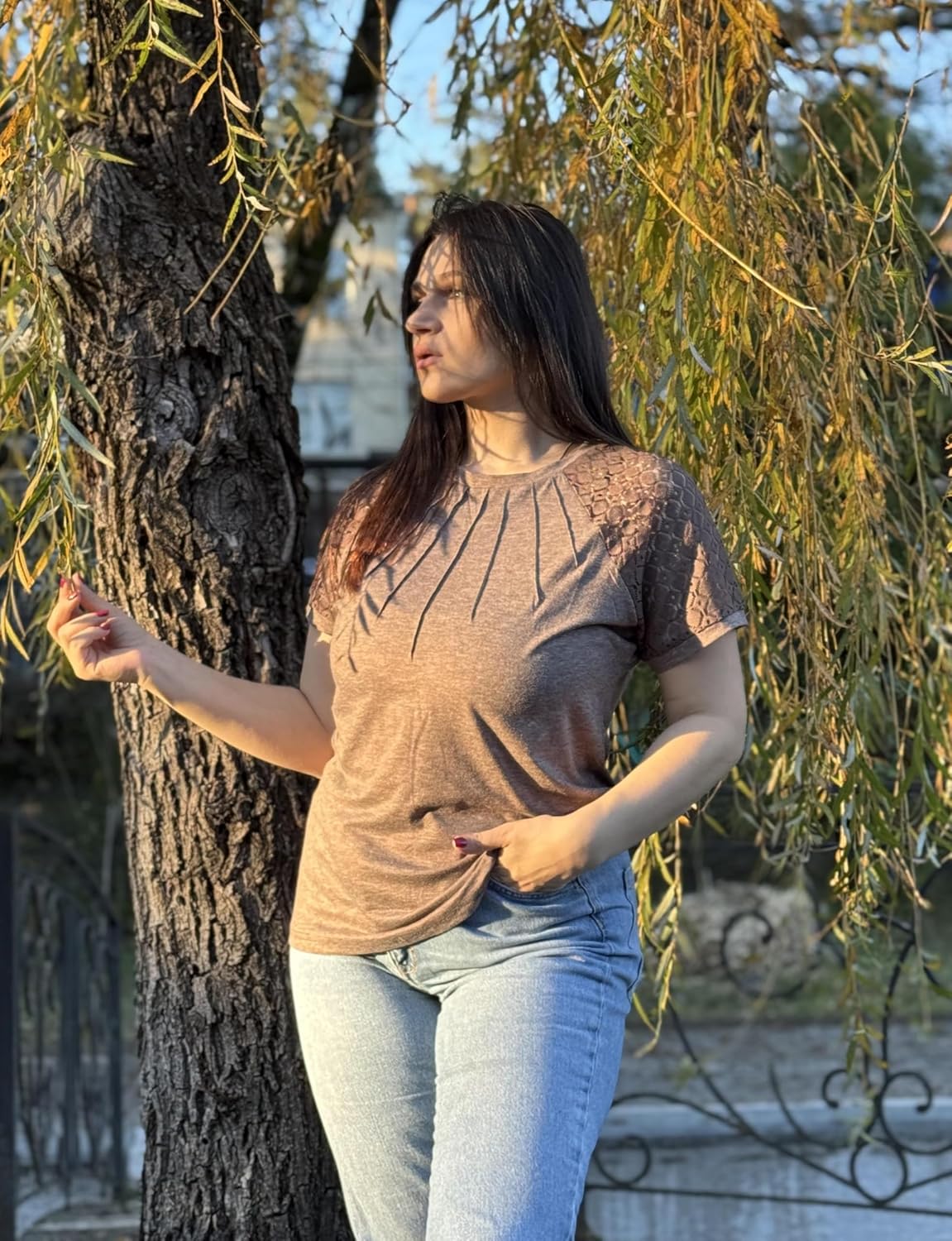 HOTOUCH Womens Lace Short Sleeve Shirts Trendy Fashion Tops Pleated Business Blouses Dressy Casual Summer Holiday Outfits - Image 5