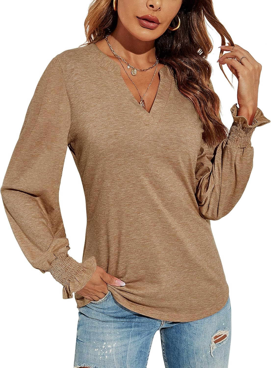 Romanstii Women's Casual V-Neck T-Shirts Loose Puff Long Sleeve Tops Tunic Blouses