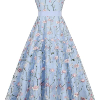 Long Floral Embroidery Dress for Women Flower Embroidered Maxi Dress Spaghetti Straps Formal Evening Party Tulle Prom Dress