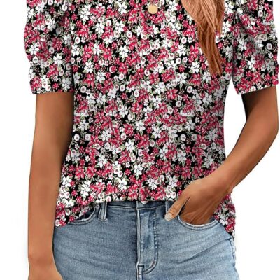 Zeagoo Blouse for Women Dressy Casual Puff Short Sleeve Boho Tops Fashion Floral Crew Neck Tunic Shirts Summer Clothes