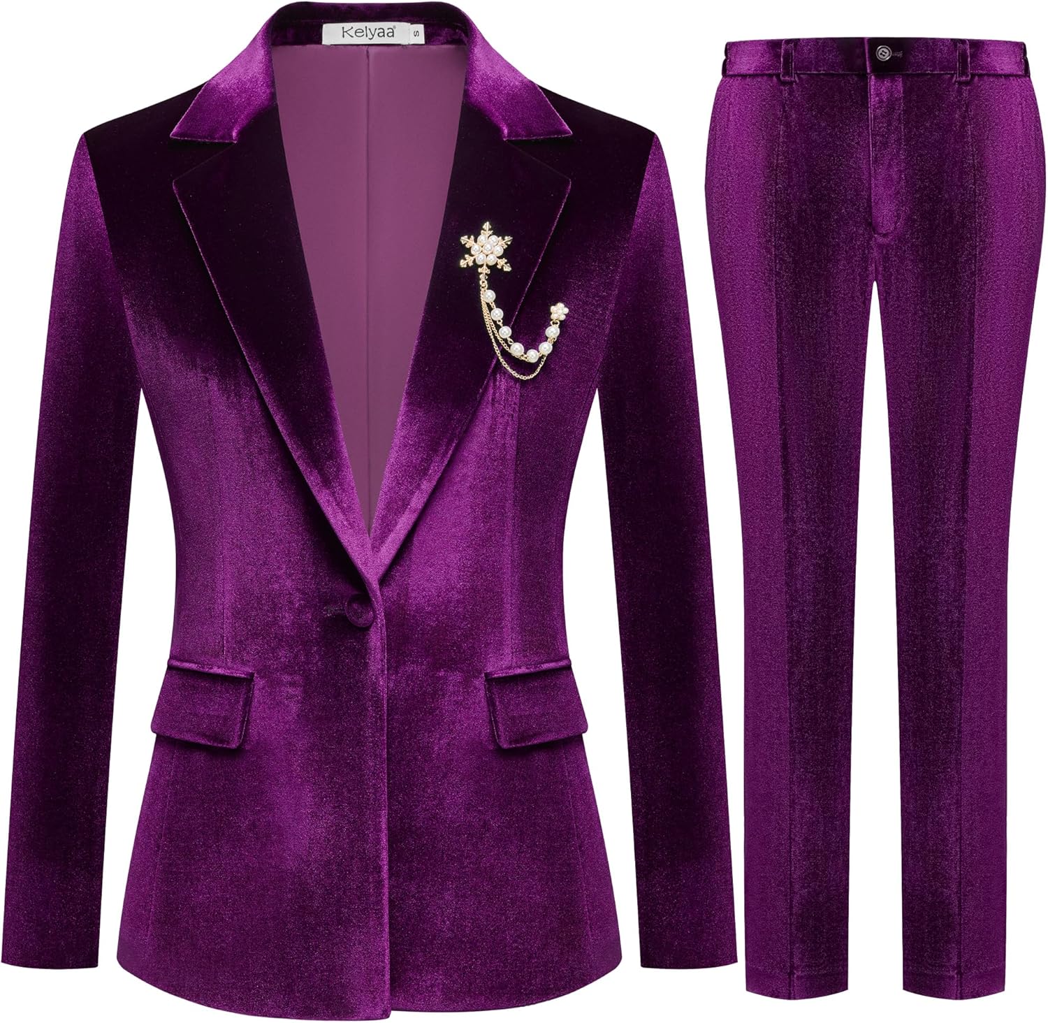 Women's 2 Piece Velvet Suit Notch Lapel One Button Slim Fit Business Party Wedding Tuxedo Blazer Pants Set