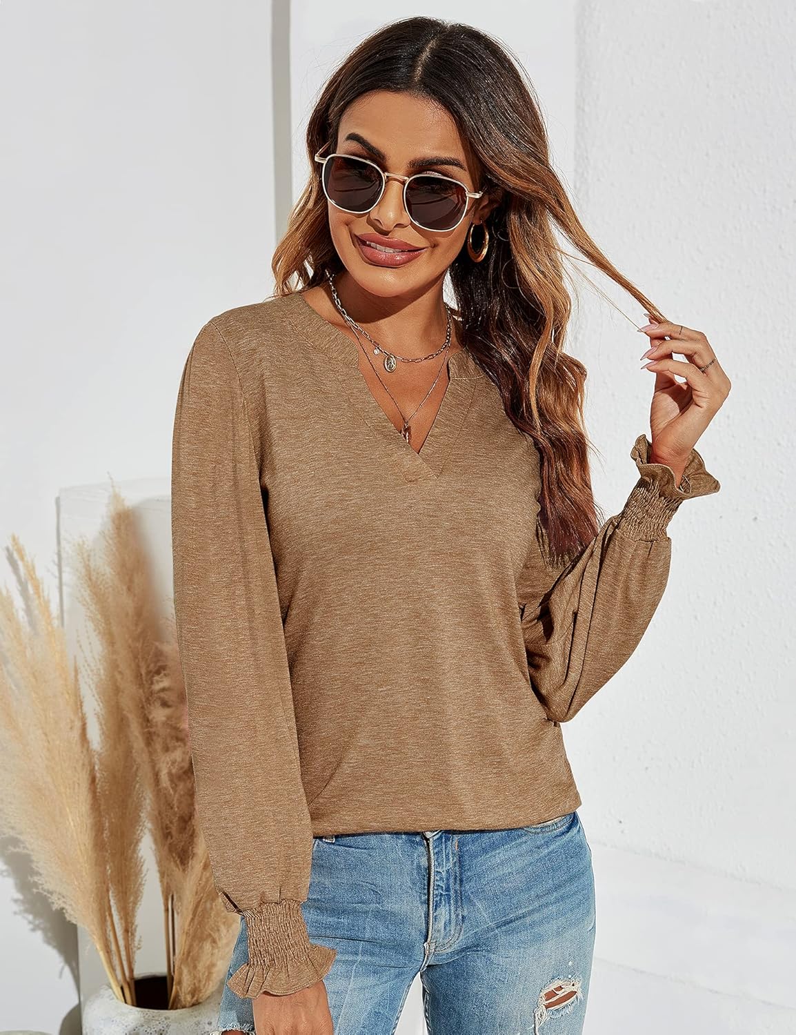 Romanstii Women's Casual V-Neck T-Shirts Loose Puff Long Sleeve Tops Tunic Blouses - Image 2