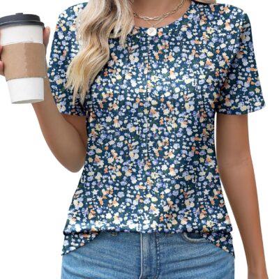 Kistore Womens Casual Crew Neck Short Sleeve Pleated Tops Blouses Fashion Clothes 2024