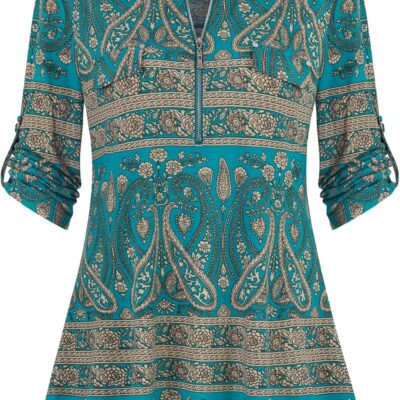 Ninedaily Women's 3/4 Sleeve Plaid Shirts Zip Floral Casual Tunic Blouse Tops