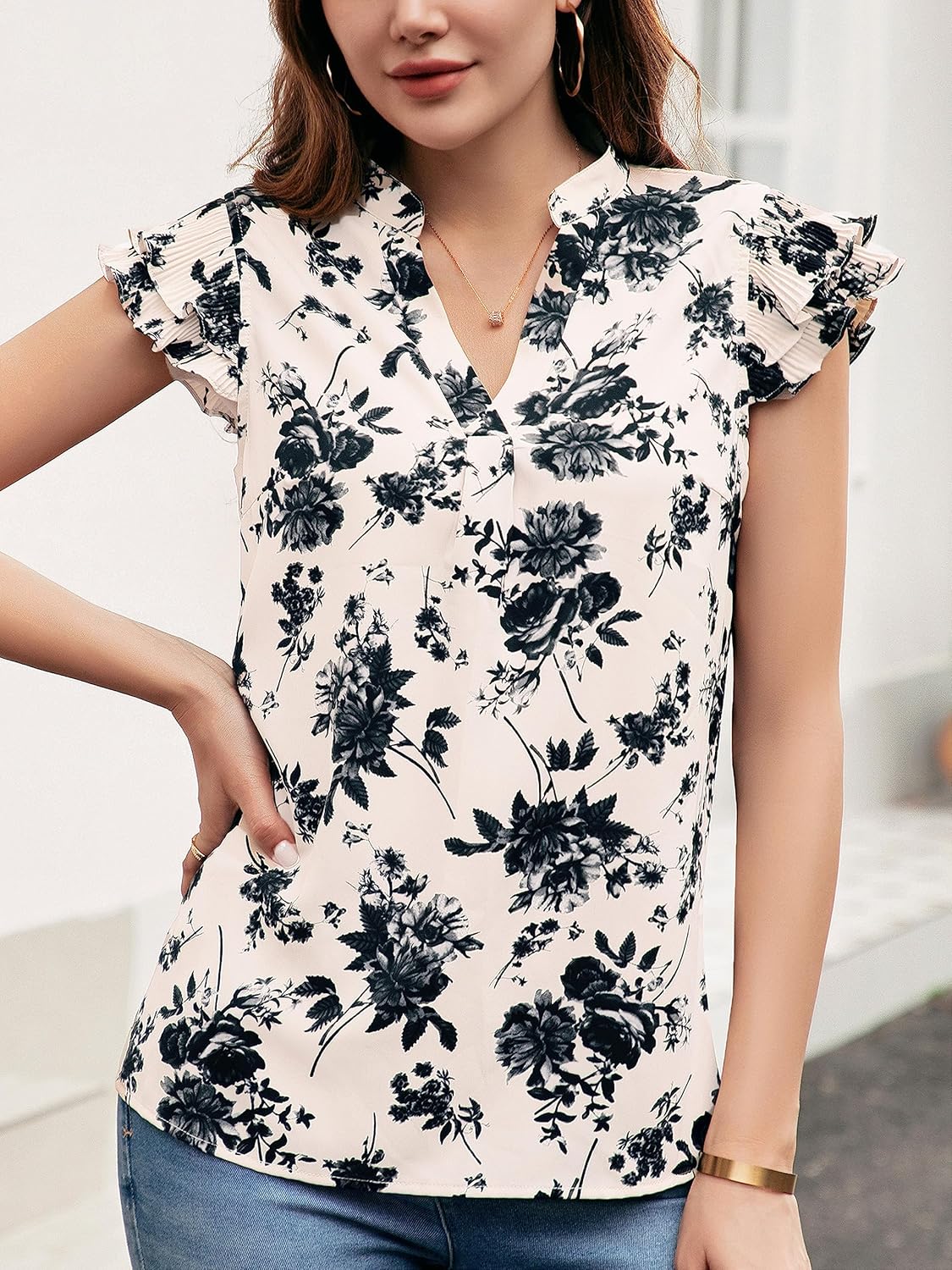 Sucolan Women's Summer Tops Dressy Casual Notch V Neck Ruffle Short Sleeve Flowy Shirts Cute Blouses Tops - Image 2