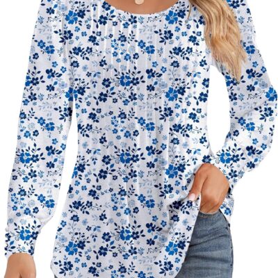 Ficerd Women's Puff Long Sleeve Tunic Tops Pleated Crew Neck Blouses Dressy Casual Loose Fit Winter and Spring Shirts