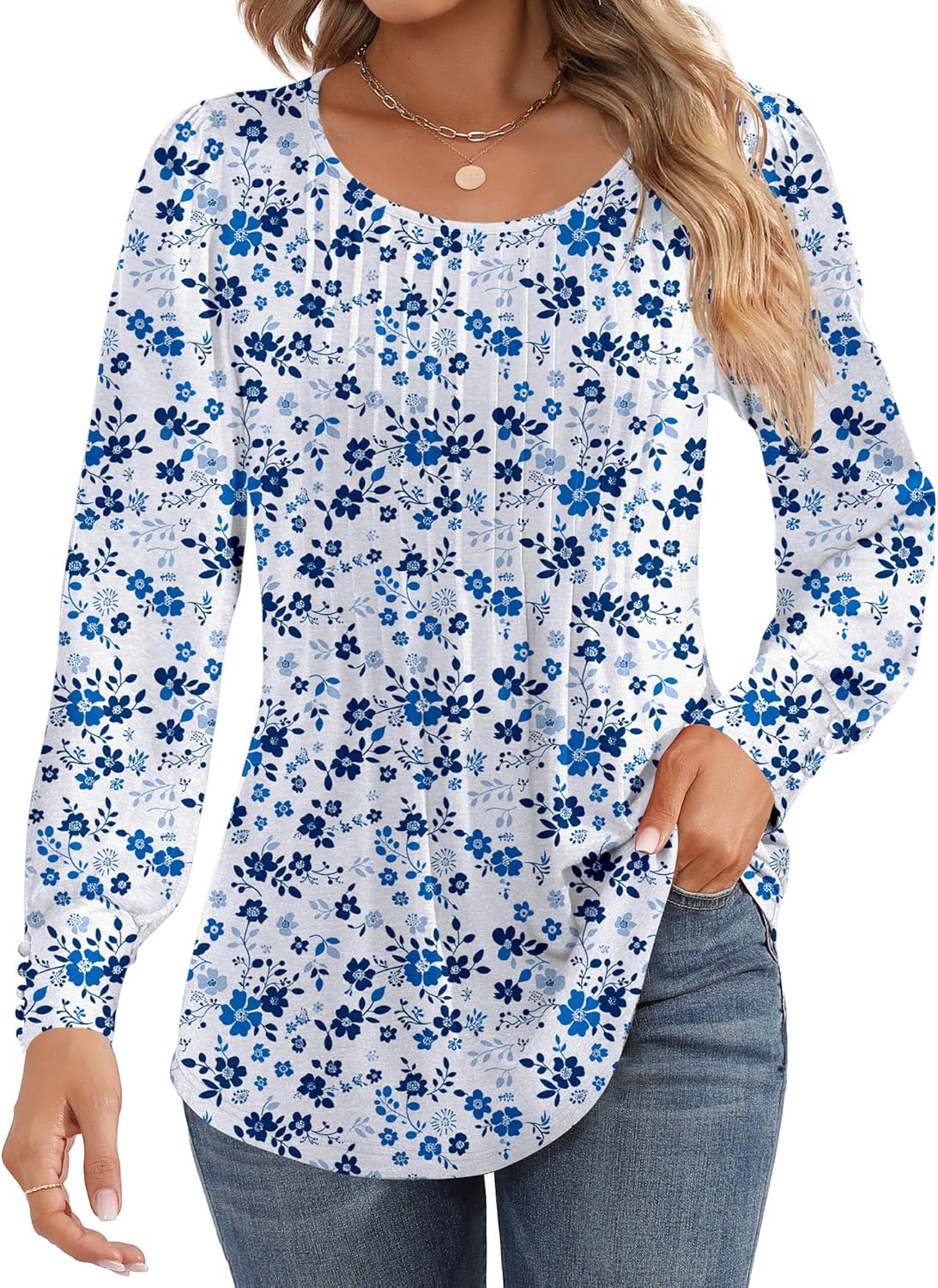 Ficerd Women's Puff Long Sleeve Tunic Tops Pleated Crew Neck Blouses Dressy Casual Loose Fit Winter and Spring Shirts