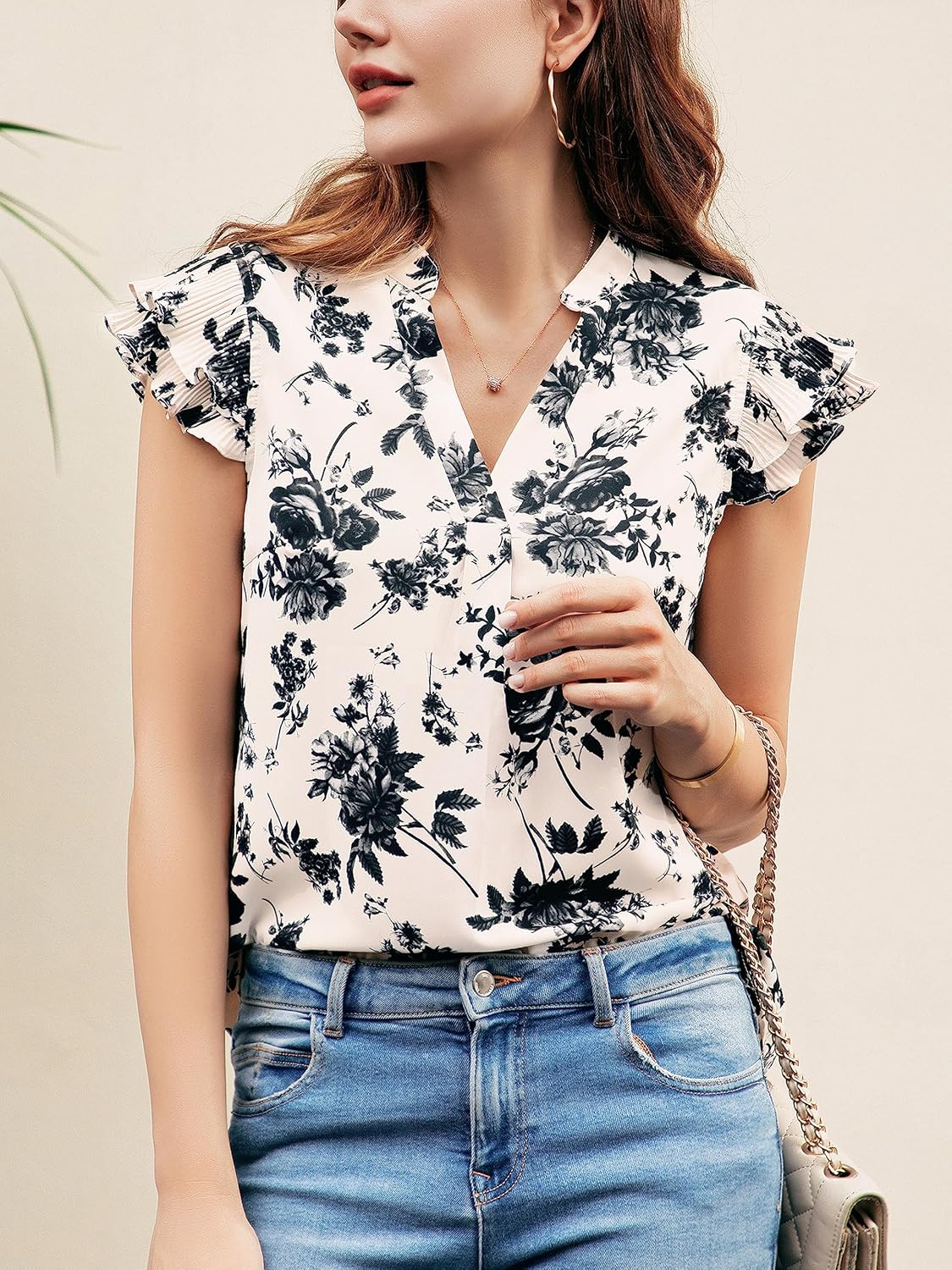 Sucolan Women's Summer Tops Dressy Casual Notch V Neck Ruffle Short Sleeve Flowy Shirts Cute Blouses Tops - Image 3