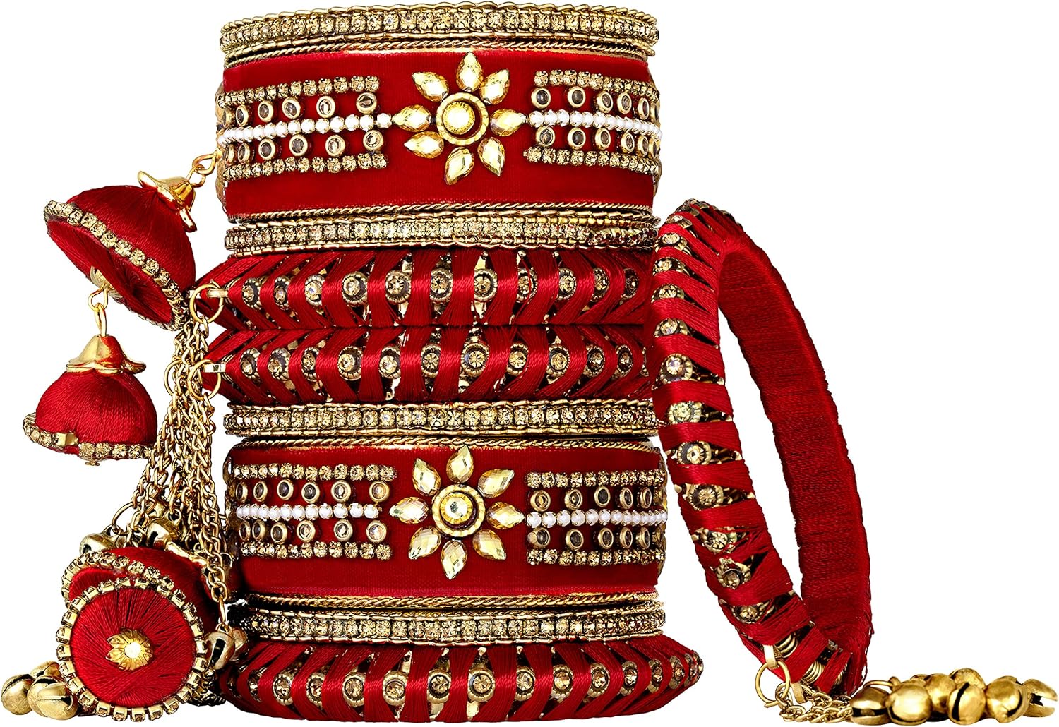 Aheli Wedding Party Designer Velvet Faux Stone Studded Bridal Bangle Set Chuda with Hangings Indian Traditional Ethnic Fashion Jewelry Gift for Women - Image 6