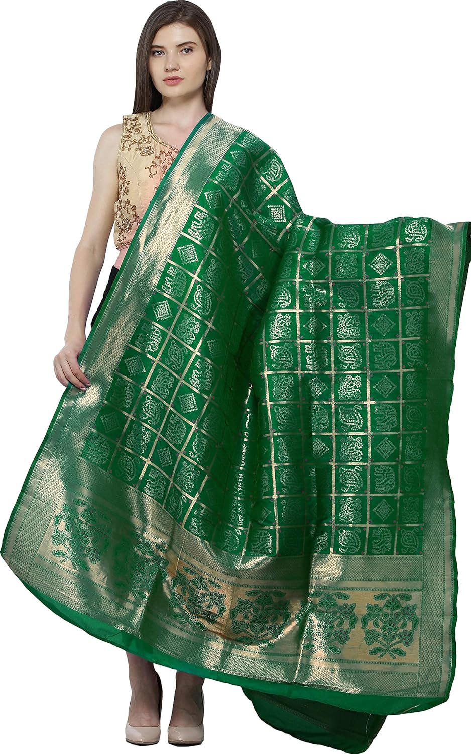 Exotic India Bandhani Gharchola Dupatta with Zari Weave and Brocaded Border - Art Silk