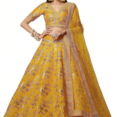 Women's Bridal Art Silk Embroidery Work Stitched Lehenga Choli With Dupatta-TYMV2