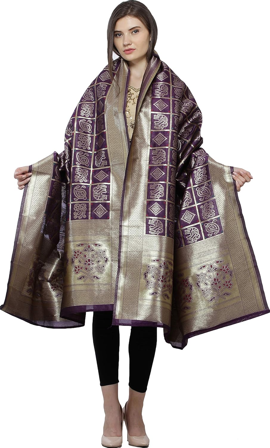 Exotic India Bandhani Gharchola Dupatta with Zari Weave and Brocaded Border - Art Silk - Image 5